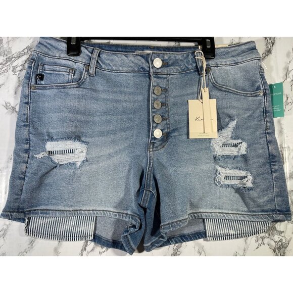 Kancan Womens High Rise Denim Shorts Size 14 Distressed Ripped Style Blue - Picture 1 of 6